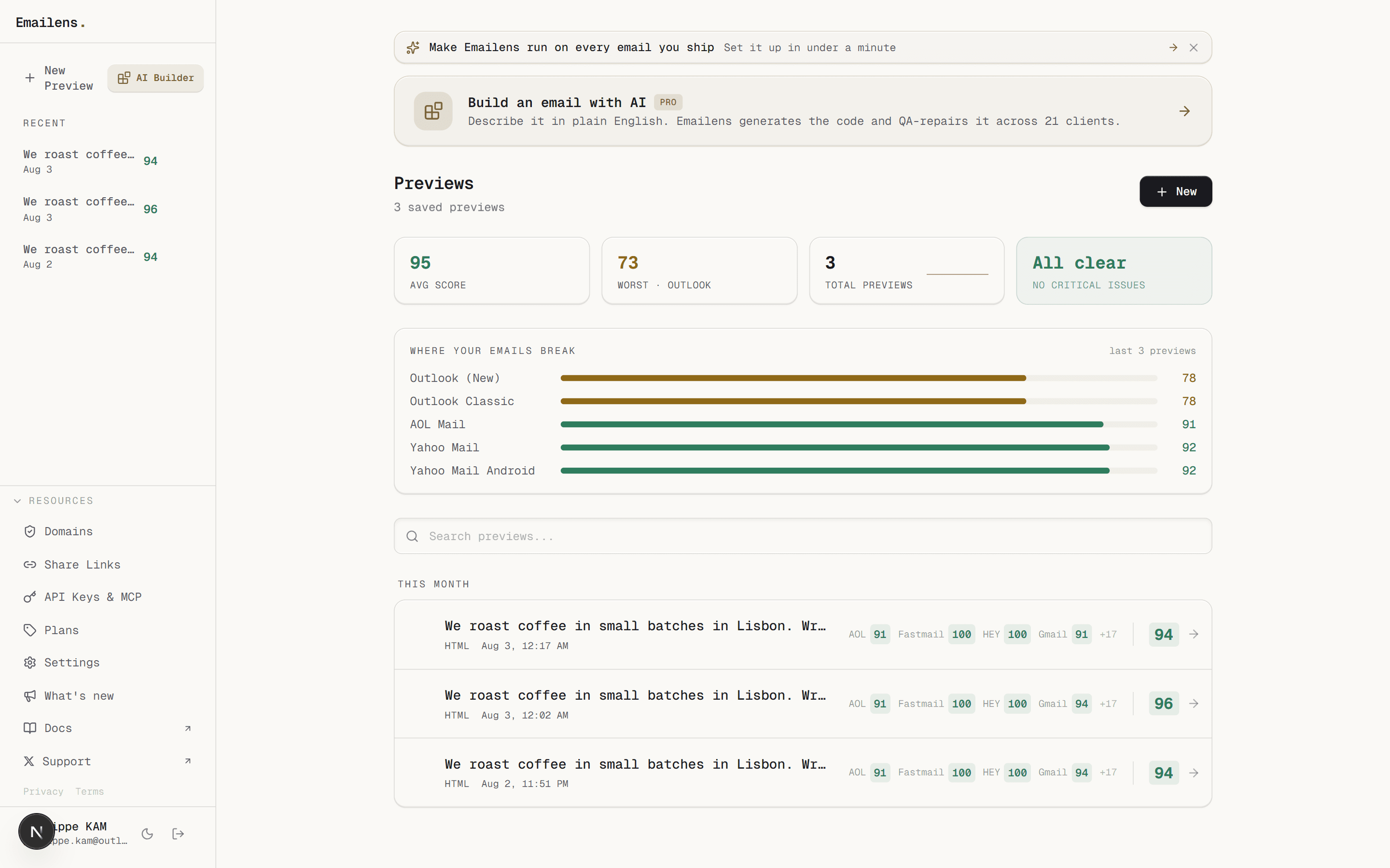 Emailens Dashboard Overview