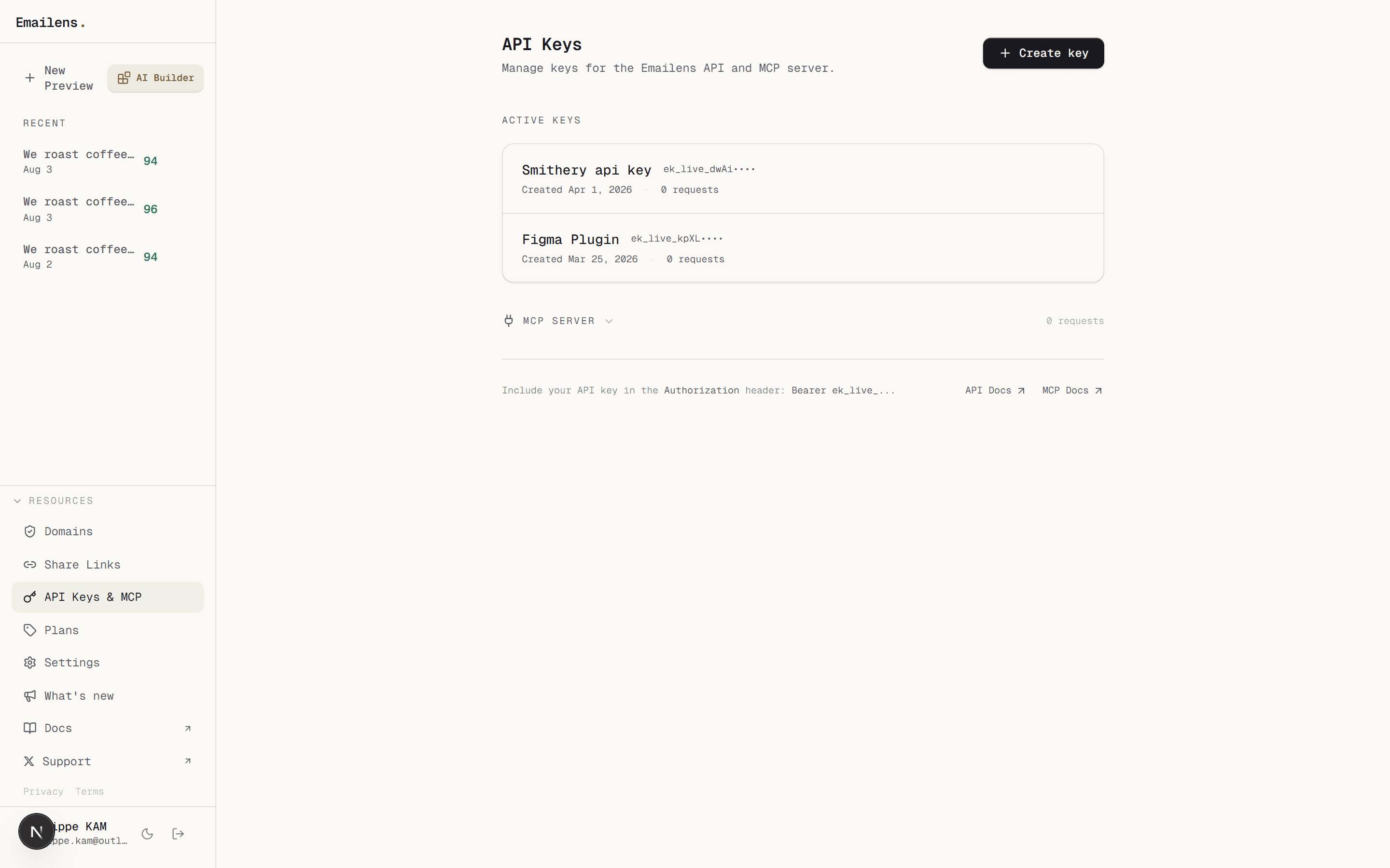 API Keys & MCP Server Dashboard